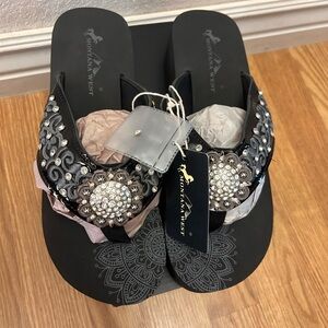Montana West Black Sandals with rhinestones and embroidery.